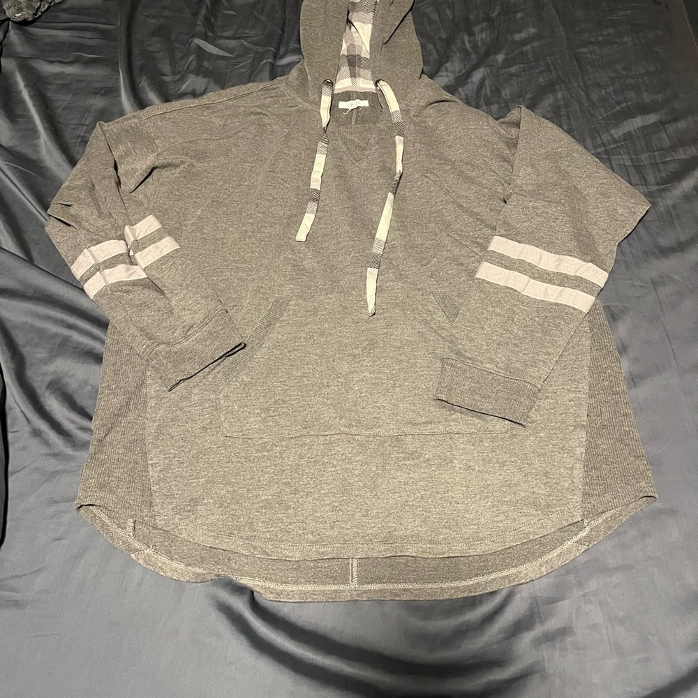 Maurices Gray Hooded Top with Striped Sleeves